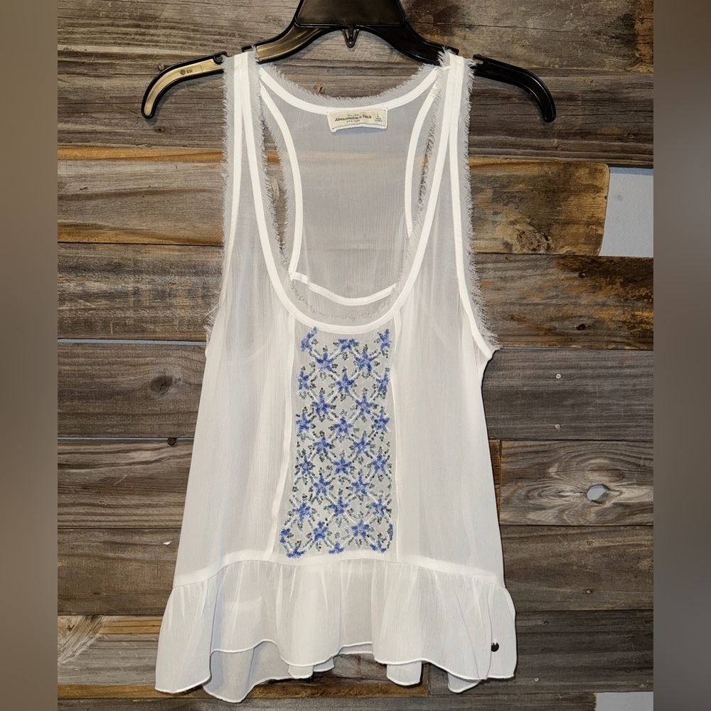 abercrombie and fitch Sheer Tank Top White w/ flowers Embellished vintage Size L